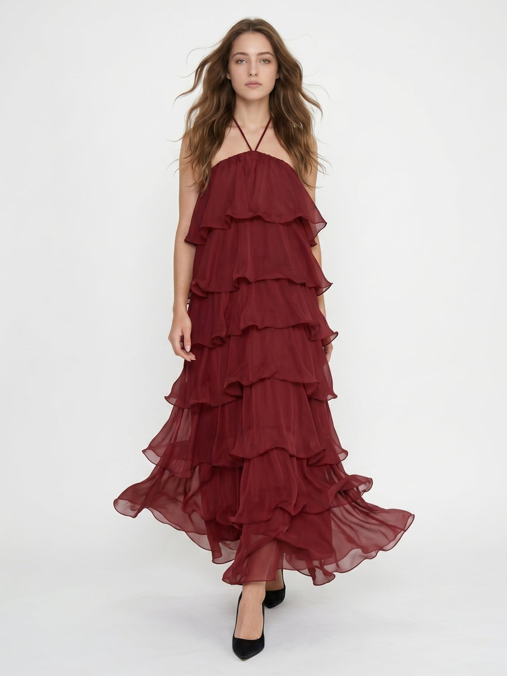 Wine Chiffon A-Line Halter Backless Ankle-Length Bridesmaid Dress with Cascading Ruffles - Curvevia