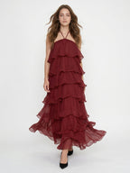 Wine Chiffon A-Line Halter Backless Ankle-Length Bridesmaid Dress with Cascading Ruffles - Curvevia