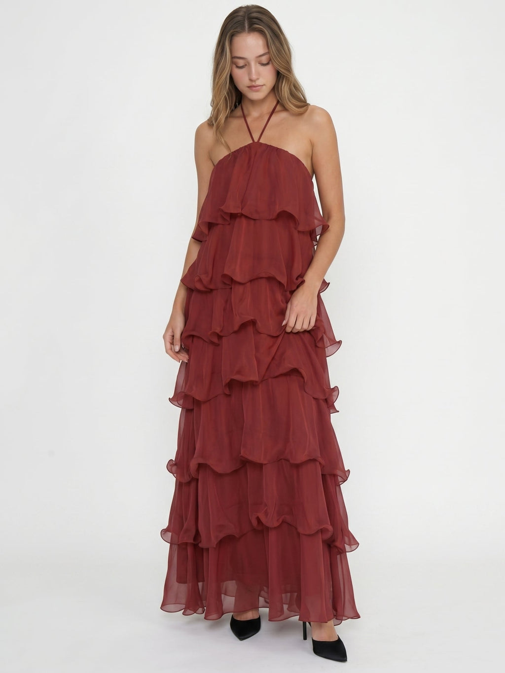 Wine Chiffon A-Line Halter Backless Ankle-Length Bridesmaid Dress with Cascading Ruffles - Curvevia