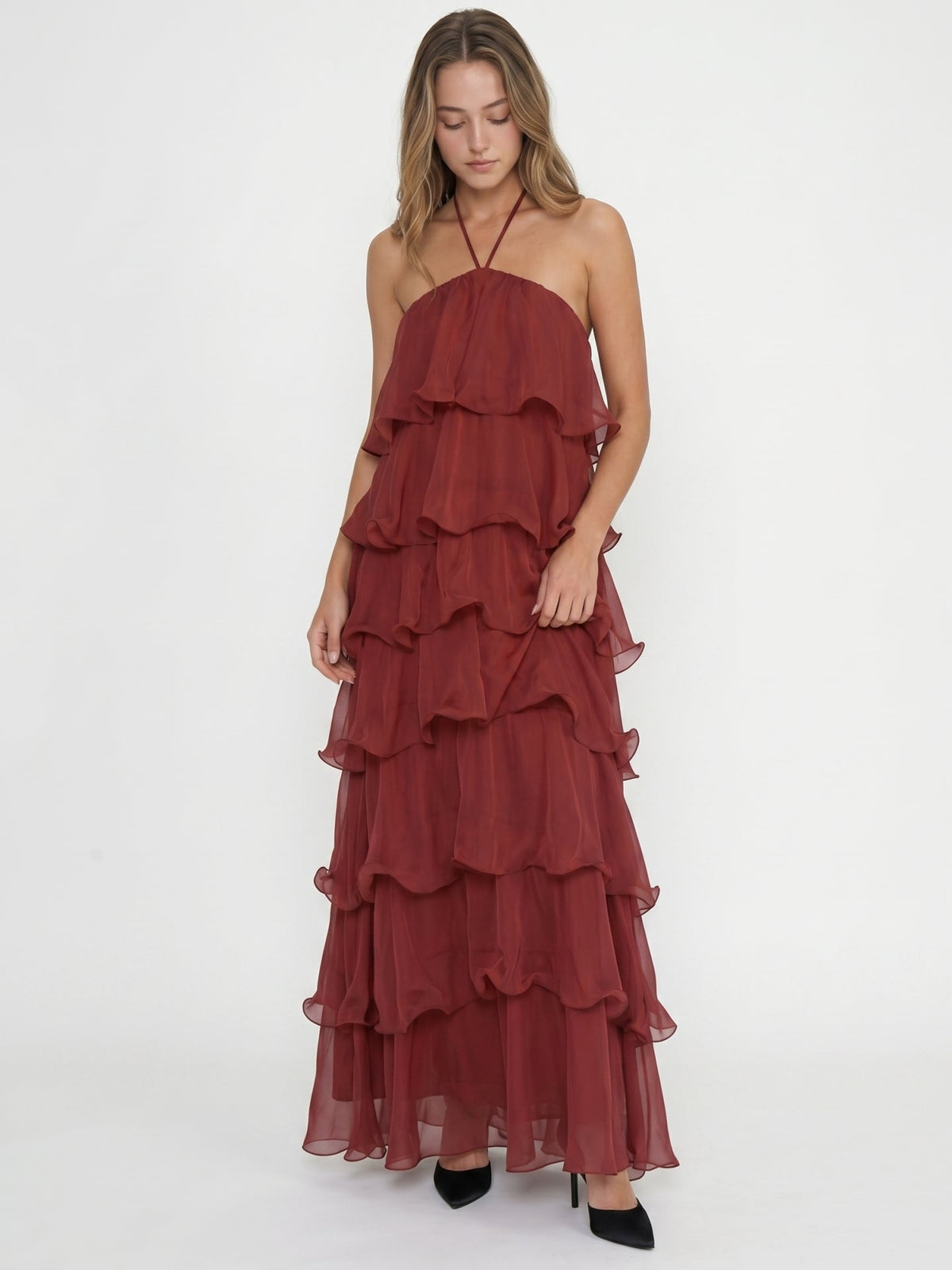 Wine Chiffon A-Line Halter Backless Ankle-Length Bridesmaid Dress with Cascading Ruffles - Curvevia