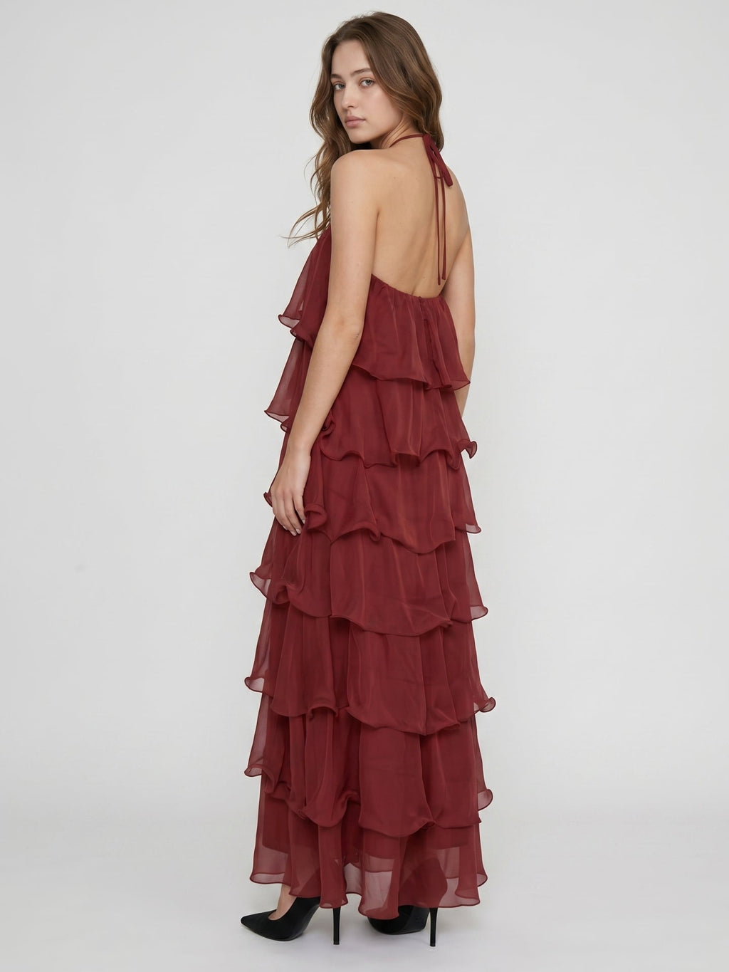 Wine Chiffon A-Line Halter Backless Ankle-Length Bridesmaid Dress with Cascading Ruffles - Curvevia