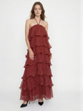 Wine Chiffon A-Line Halter Backless Ankle-Length Bridesmaid Dress with Cascading Ruffles - Curvevia