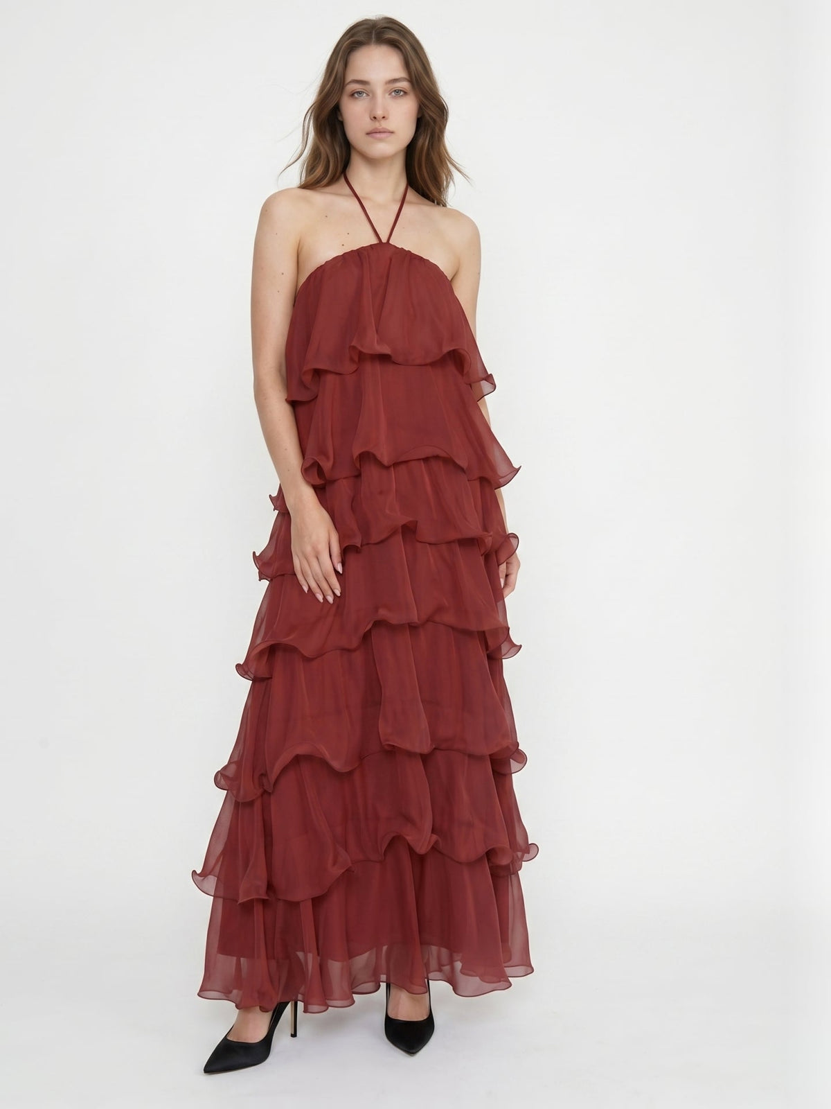Wine Chiffon A-Line Halter Backless Ankle-Length Bridesmaid Dress with Cascading Ruffles - Curvevia