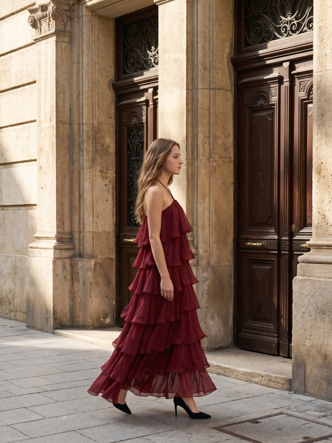 Wine Chiffon A-Line Halter Backless Ankle-Length Bridesmaid Dress with Cascading Ruffles - Curvevia