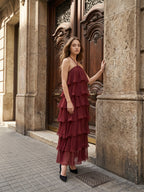 Wine Chiffon A-Line Halter Backless Ankle-Length Bridesmaid Dress with Cascading Ruffles - Curvevia