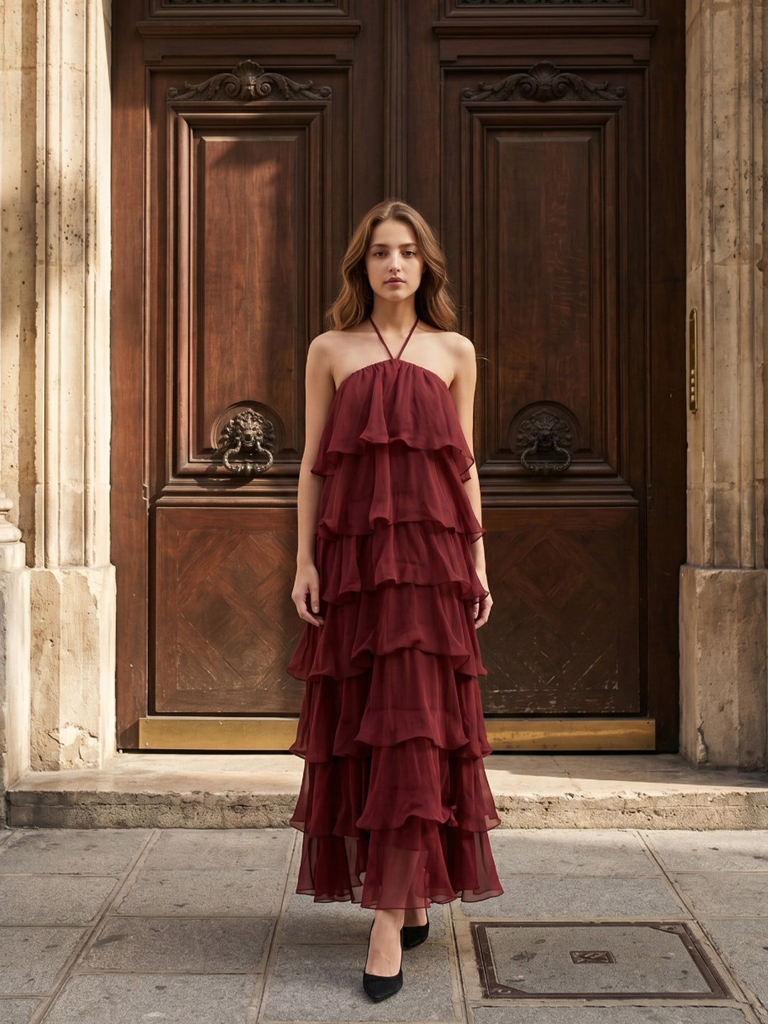 Wine Chiffon A-Line Halter Backless Ankle-Length Bridesmaid Dress with Cascading Ruffles - Curvevia