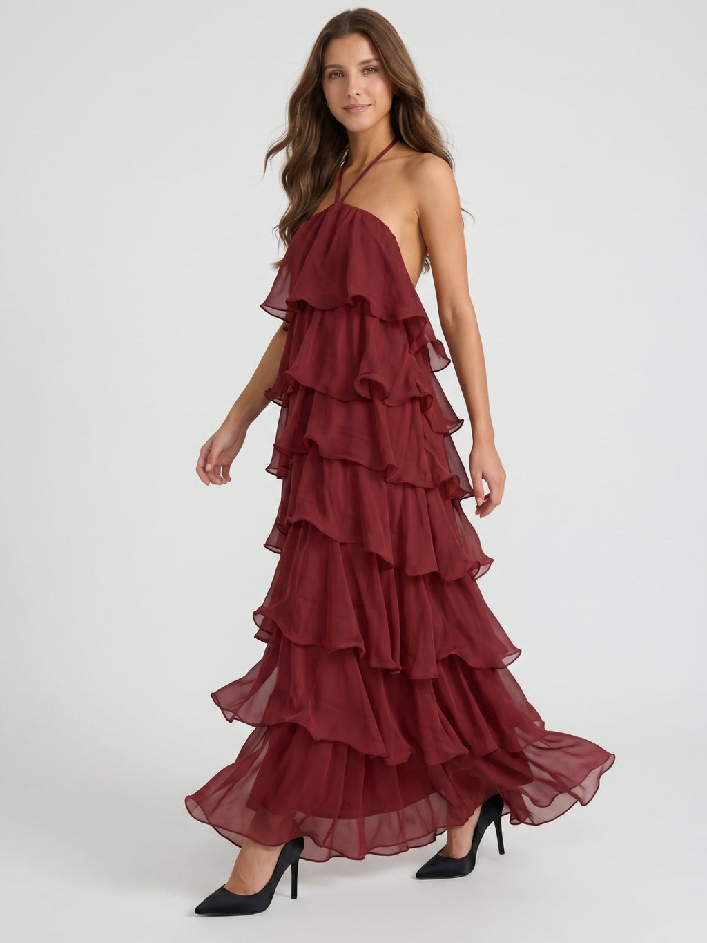 Wine Chiffon A-Line Halter Lace-up Ankle-Length Bridesmaid Dress with Cascading Ruffles - Curvevia