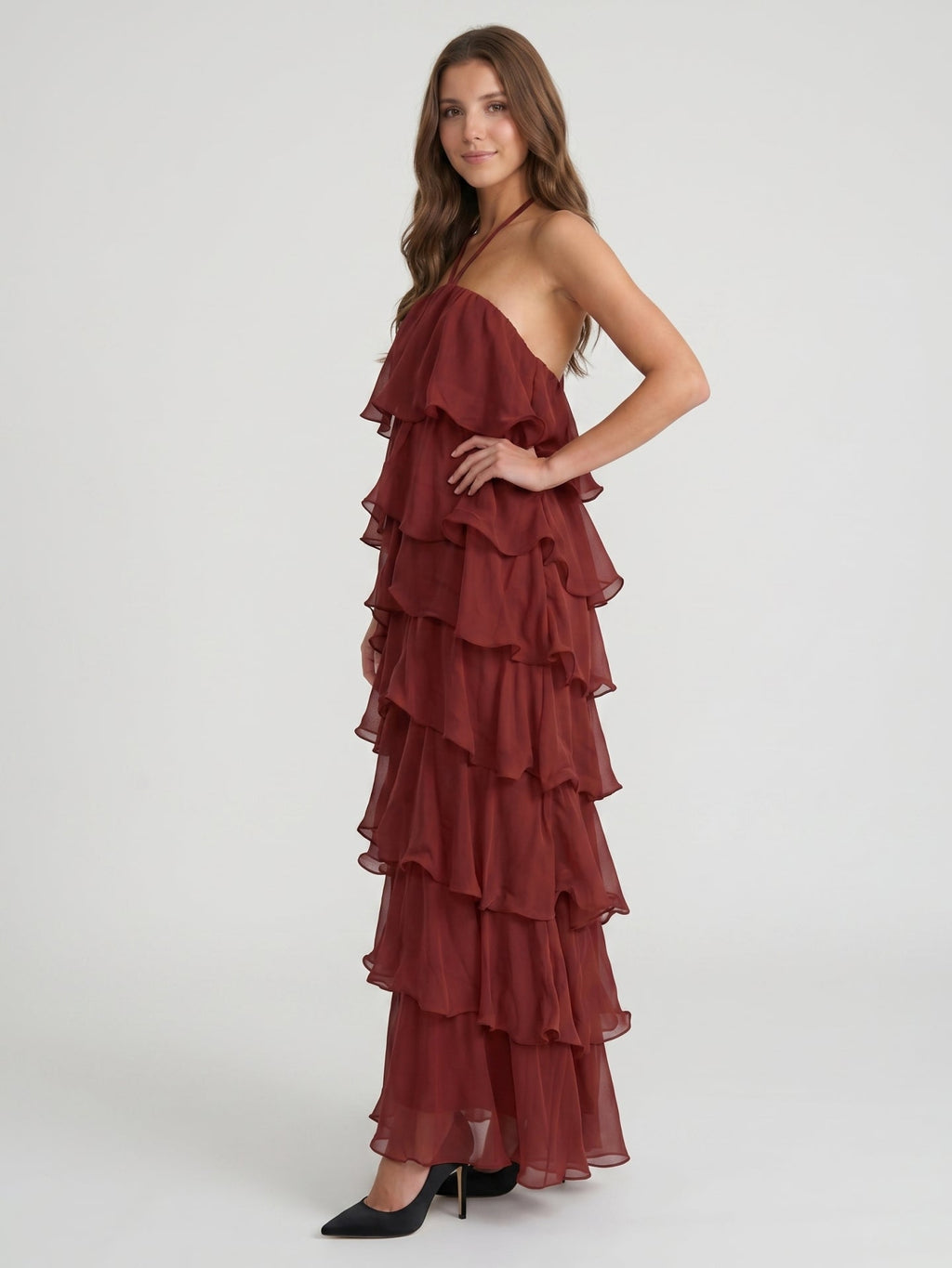 Wine Chiffon A-Line Halter Lace-up Ankle-Length Bridesmaid Dress with Cascading Ruffles - Curvevia