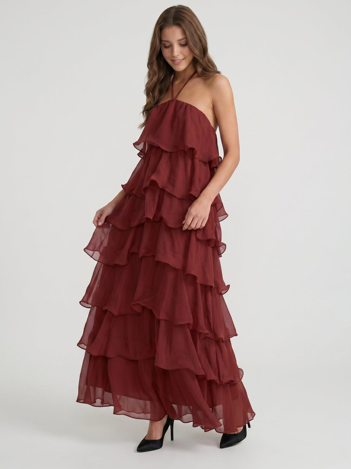 Wine Chiffon A-Line Halter Lace-up Ankle-Length Bridesmaid Dress with Cascading Ruffles - Curvevia