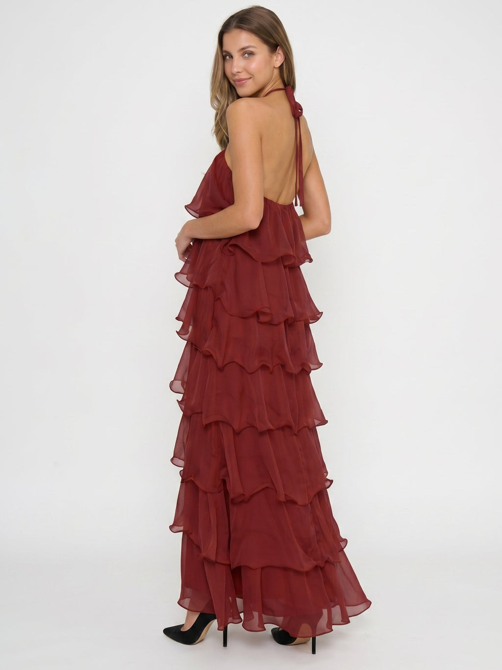 Wine Chiffon A-Line Halter Lace-up Ankle-Length Bridesmaid Dress with Cascading Ruffles - Curvevia