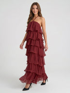 Wine Chiffon A-Line Halter Lace-up Ankle-Length Bridesmaid Dress with Cascading Ruffles - Curvevia