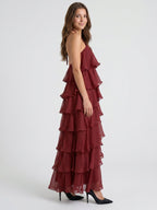 Wine Chiffon A-Line Halter Lace-up Ankle-Length Bridesmaid Dress with Cascading Ruffles - Curvevia