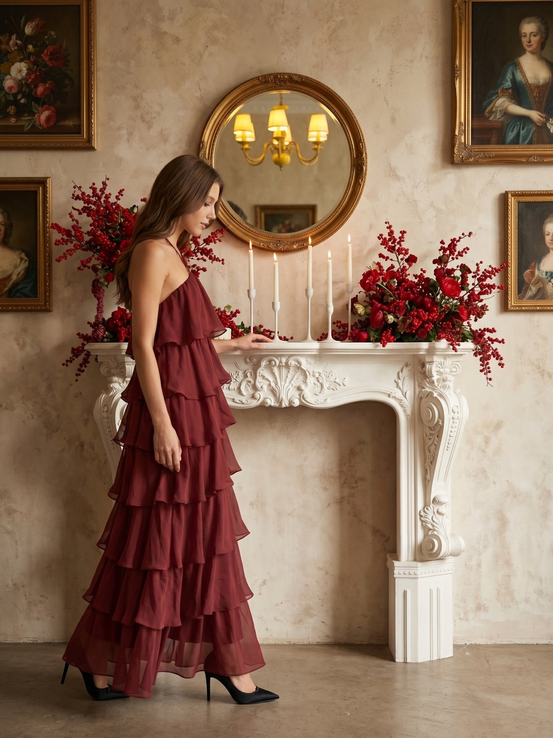 Wine Chiffon A-Line Halter Lace-up Ankle-Length Bridesmaid Dress with Cascading Ruffles - Curvevia