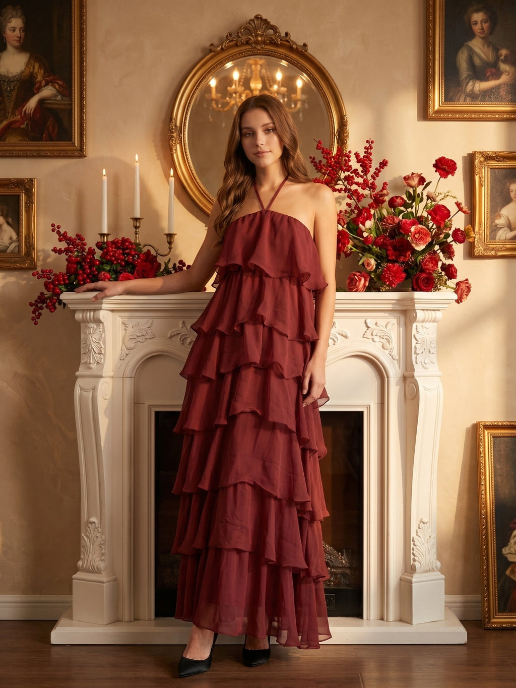 Wine Chiffon A-Line Halter Lace-up Ankle-Length Bridesmaid Dress with Cascading Ruffles - Curvevia