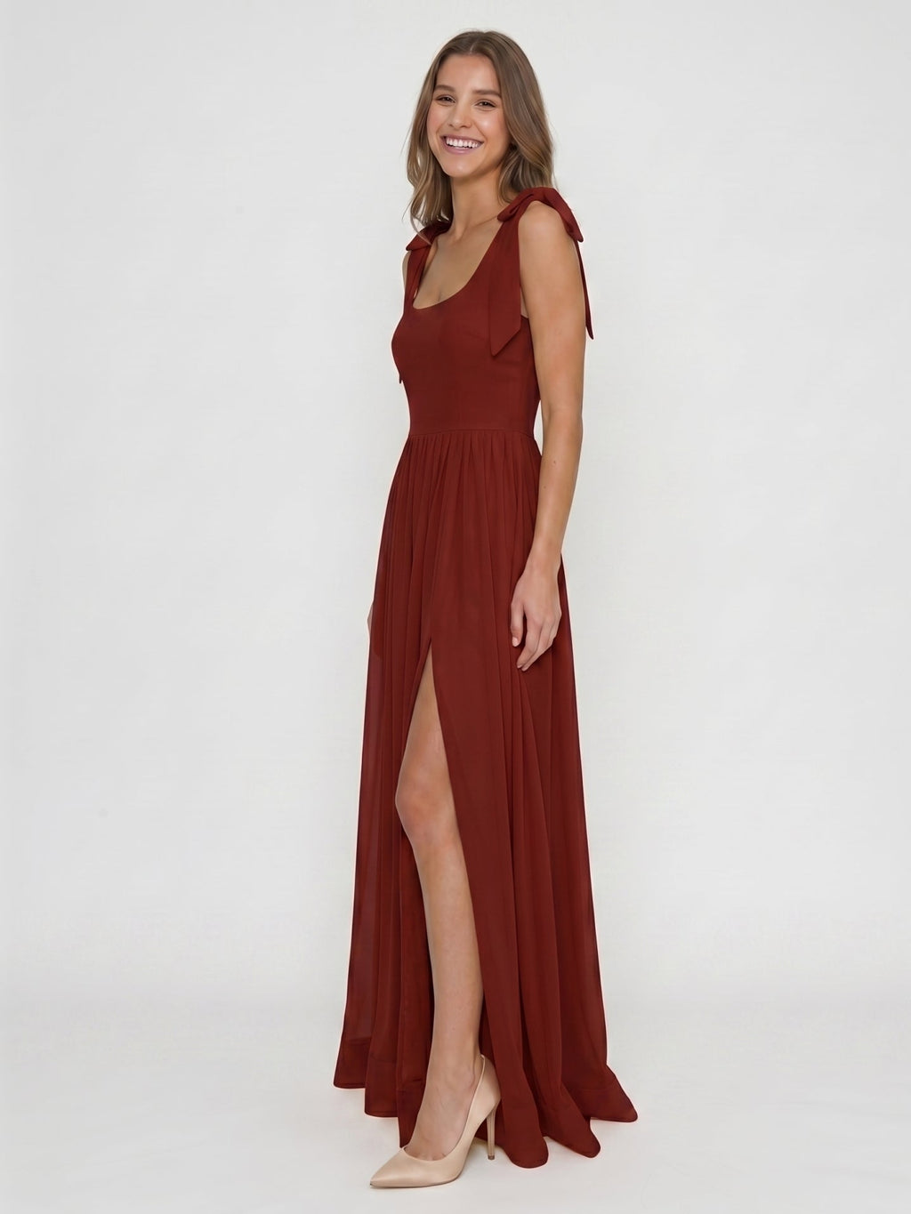 Wine Chiffon A-Line Square Neck Backless Floor-Length Bridesmaid Dress - Curvevia