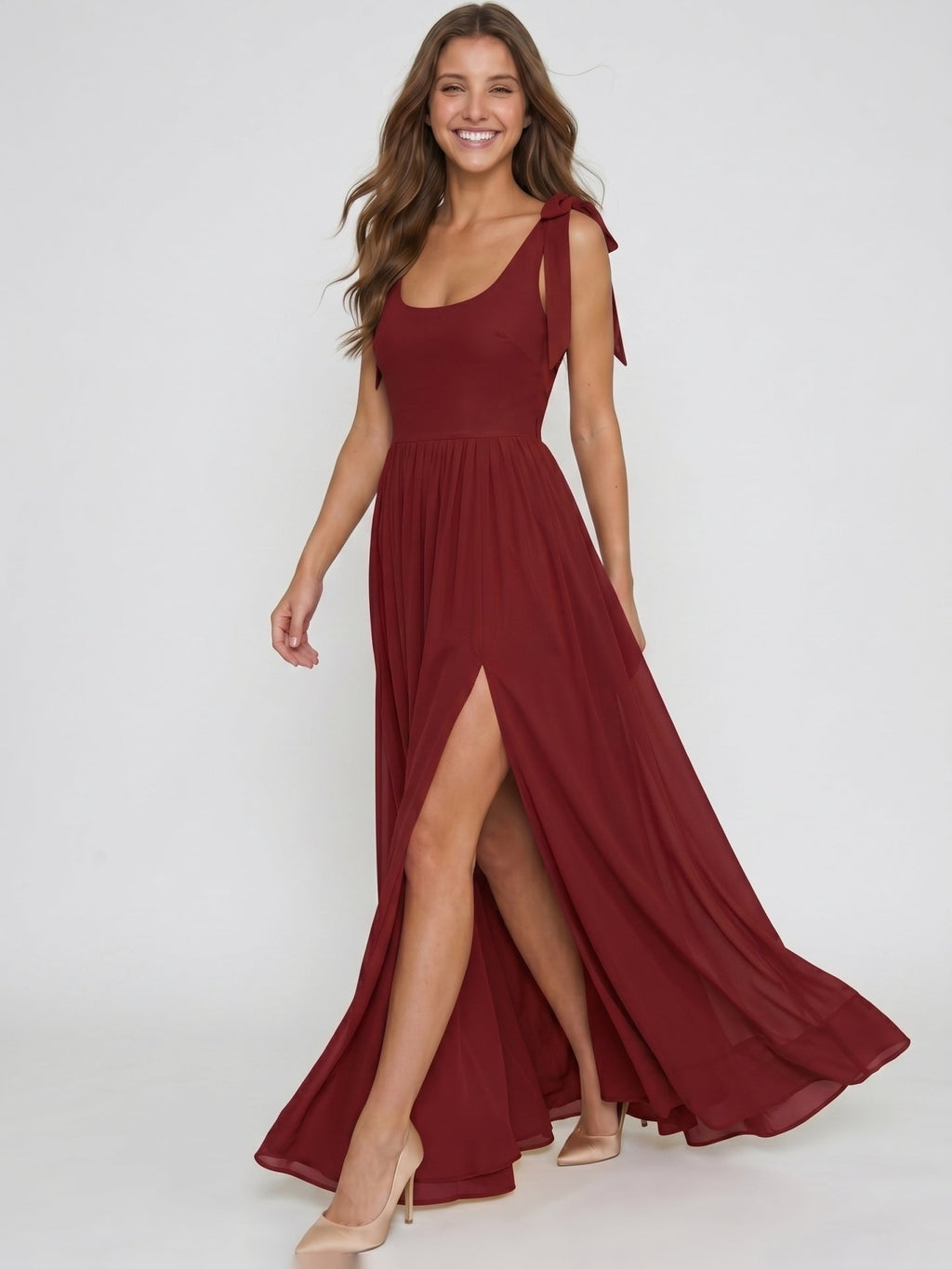 Wine Chiffon A-Line Square Neck Backless Floor-Length Bridesmaid Dress - Curvevia