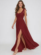 Wine Chiffon A-Line Square Neck Backless Floor-Length Bridesmaid Dress - Curvevia