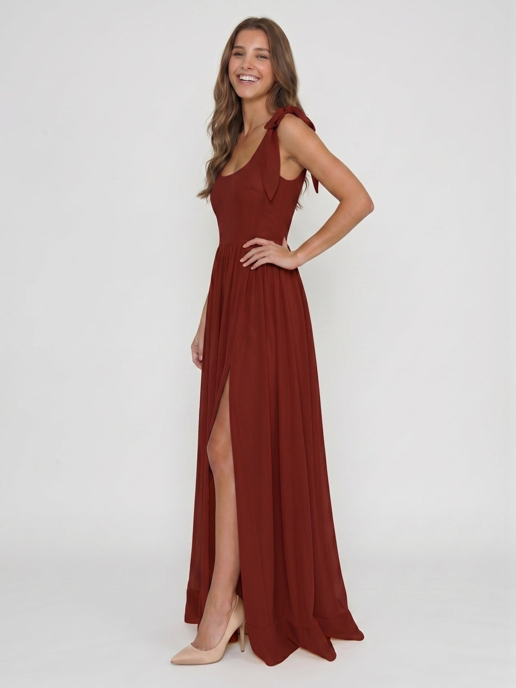 Wine Chiffon A-Line Square Neck Backless Floor-Length Bridesmaid Dress - Curvevia