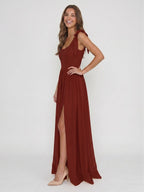 Wine Chiffon A-Line Square Neck Backless Floor-Length Bridesmaid Dress - Curvevia