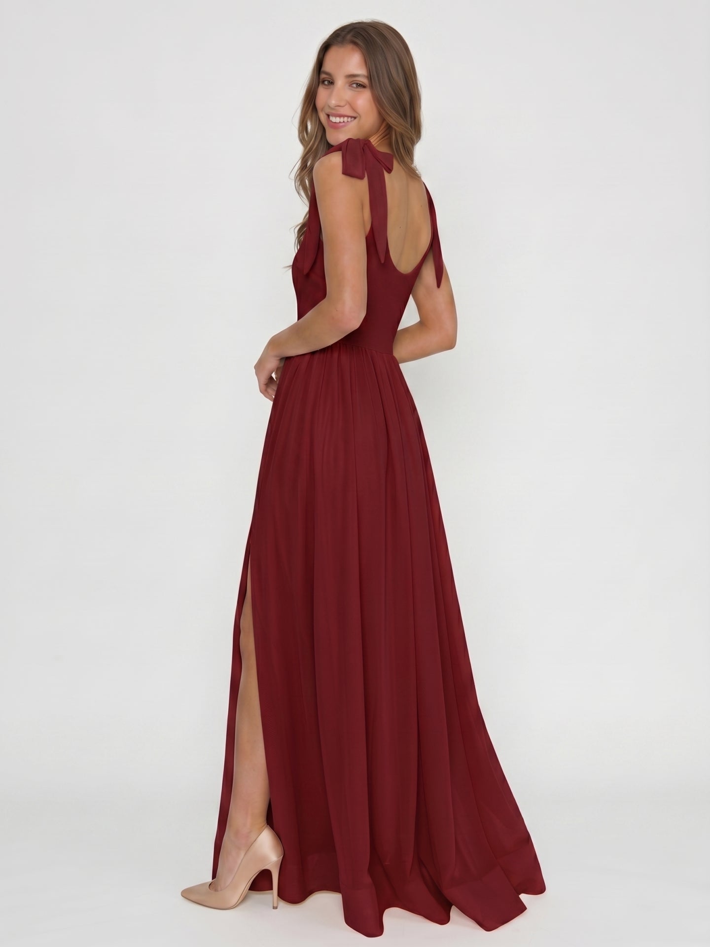 Wine Chiffon A-Line Square Neck Backless Floor-Length Bridesmaid Dress - Curvevia