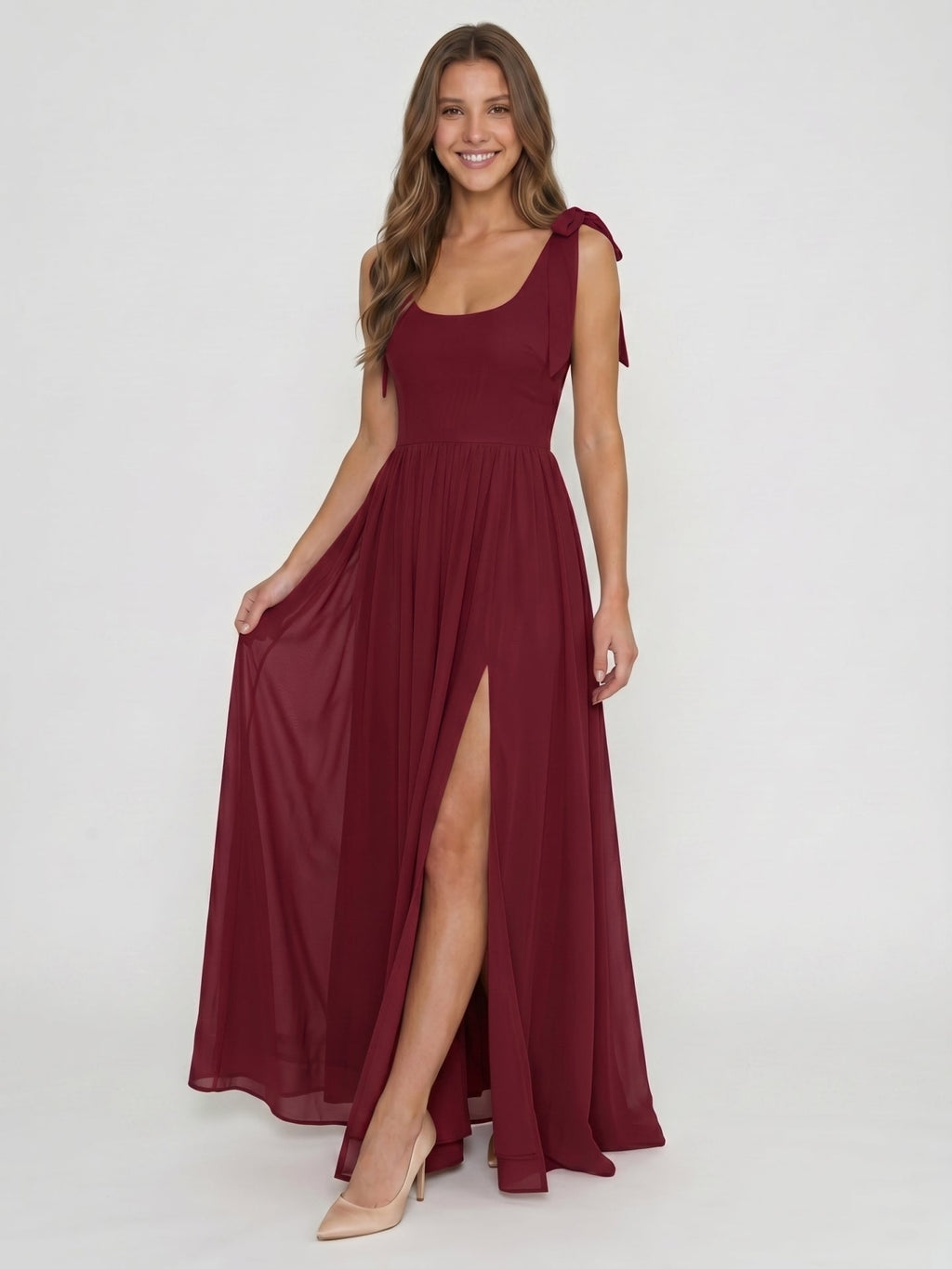 Wine Chiffon A-Line Square Neck Backless Floor-Length Bridesmaid Dress - Curvevia