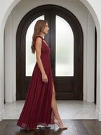 Wine Chiffon A-Line Square Neck Backless Floor-Length Bridesmaid Dress - Curvevia