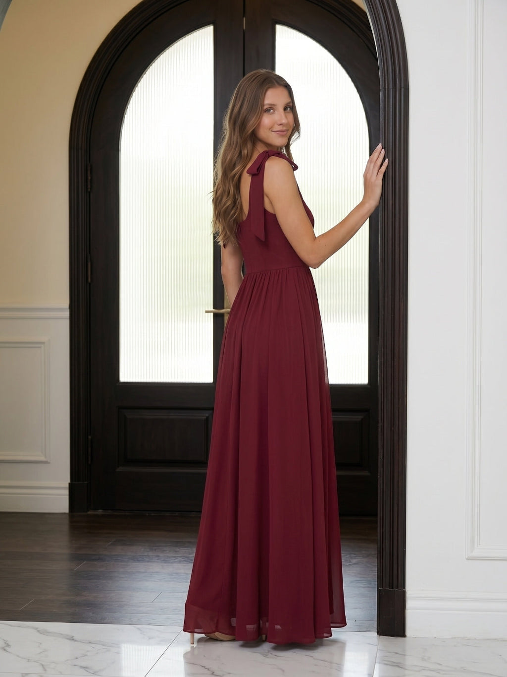 Wine Chiffon A-Line Square Neck Backless Floor-Length Bridesmaid Dress - Curvevia
