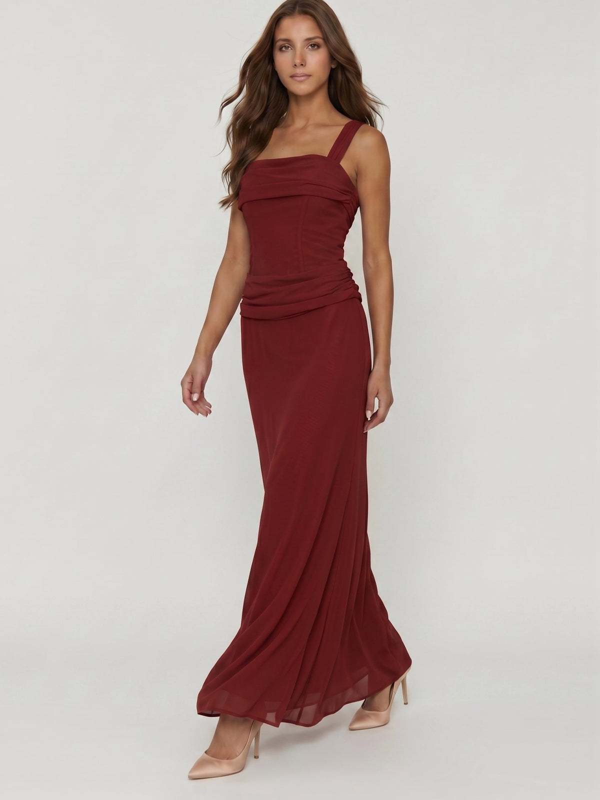 Wine Chiffon Sheath Halter Backless Ankle-Length Bridesmaid Dress - Curvevia