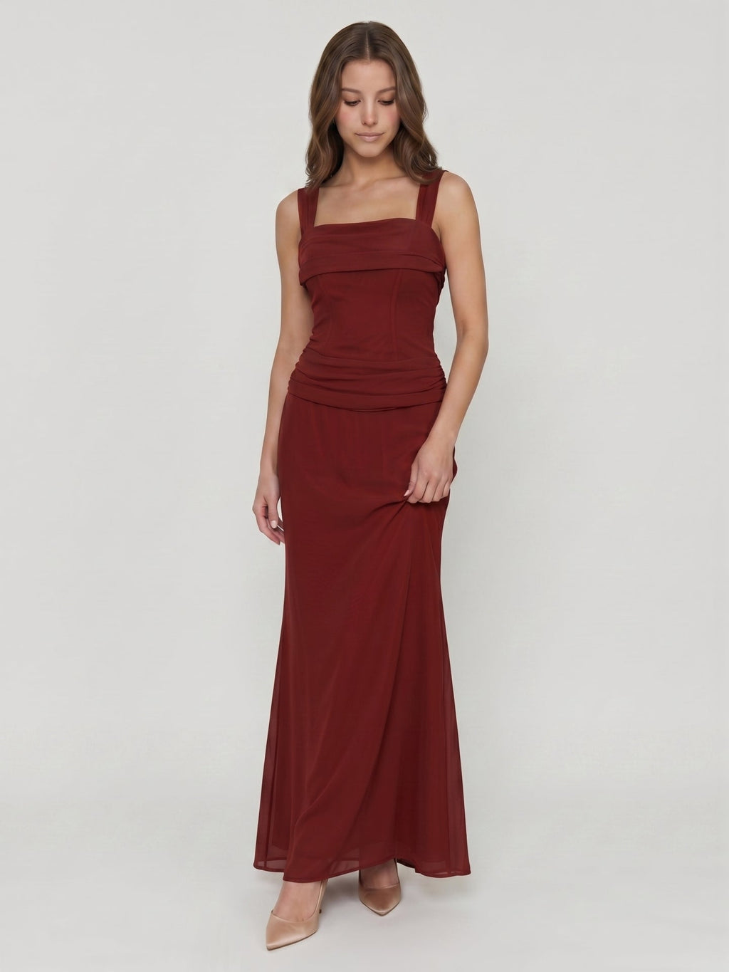 Wine Chiffon Sheath Halter Backless Ankle-Length Bridesmaid Dress - Curvevia