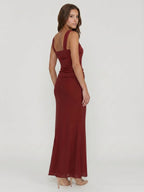 Wine Chiffon Sheath Halter Backless Ankle-Length Bridesmaid Dress - Curvevia