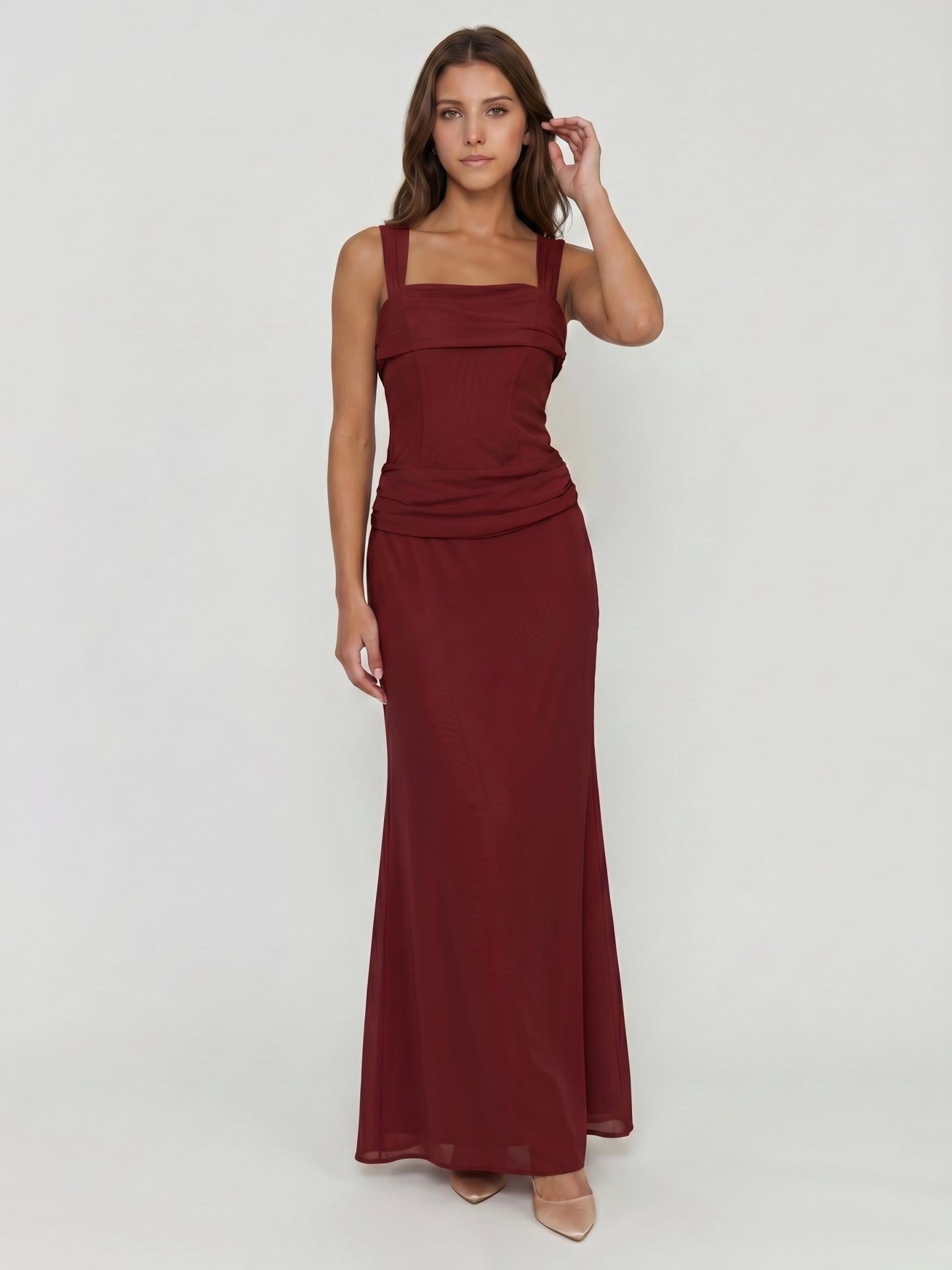 Wine Chiffon Sheath Halter Backless Ankle-Length Bridesmaid Dress - Curvevia