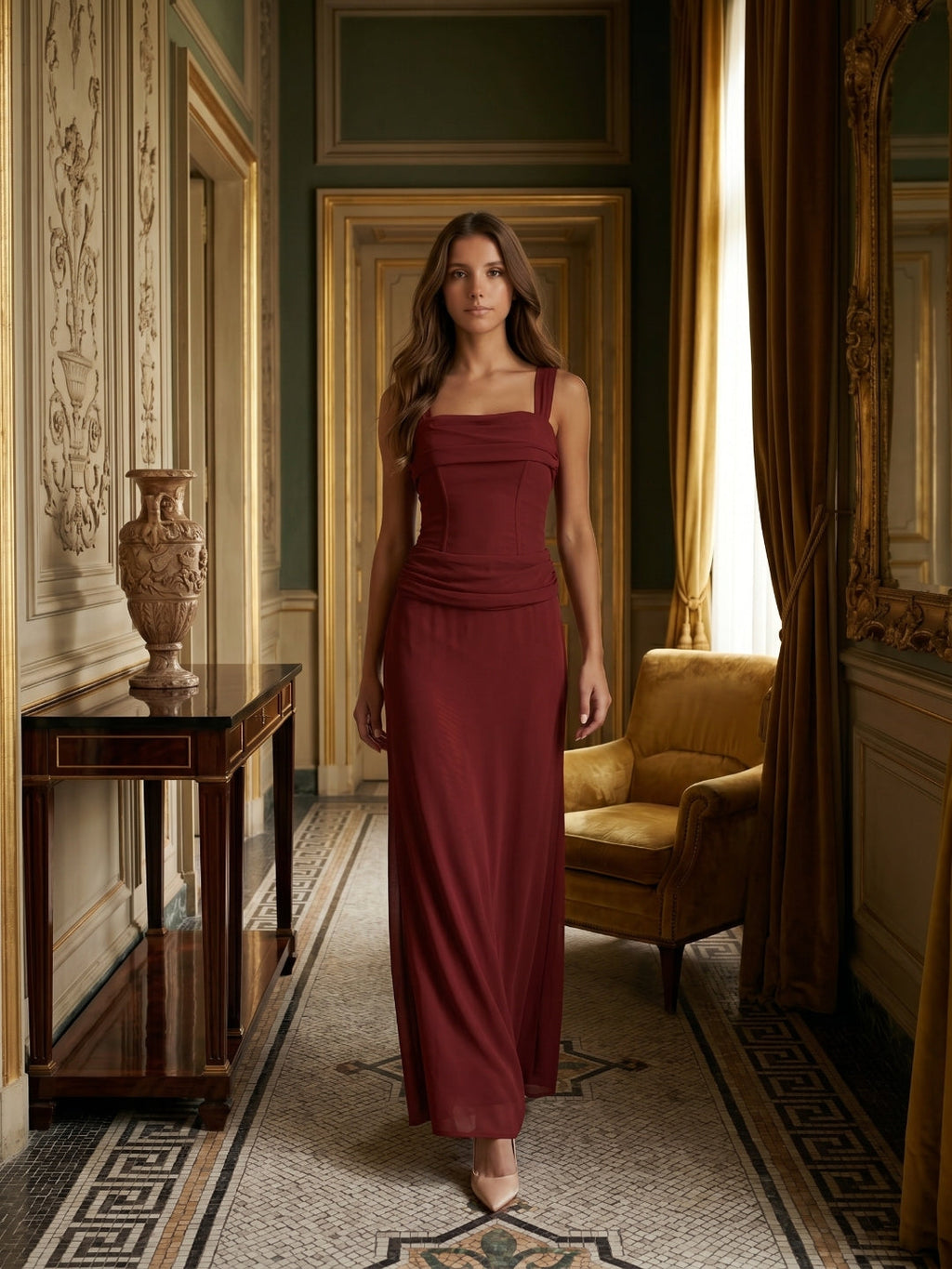 Wine Chiffon Sheath Halter Backless Ankle-Length Bridesmaid Dress - Curvevia