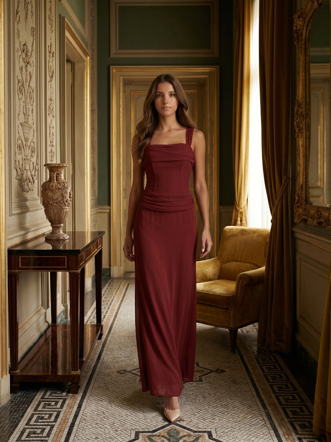 Wine Chiffon Sheath Halter Backless Ankle-Length Bridesmaid Dress - Curvevia