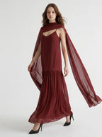 Wine Chiffon Sheath V-Neck Lace-up Ankle-Length Bridesmaid Dress with Cape - Curvevia