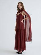 Wine Chiffon Sheath V-Neck Lace-up Ankle-Length Bridesmaid Dress with Cape - Curvevia