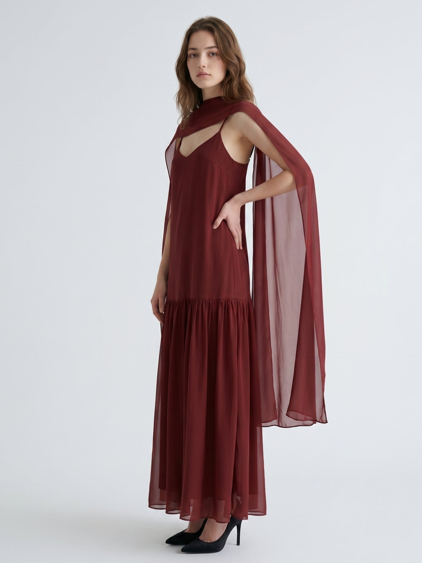 Wine Chiffon Sheath V-Neck Lace-up Ankle-Length Bridesmaid Dress with Cape - Curvevia