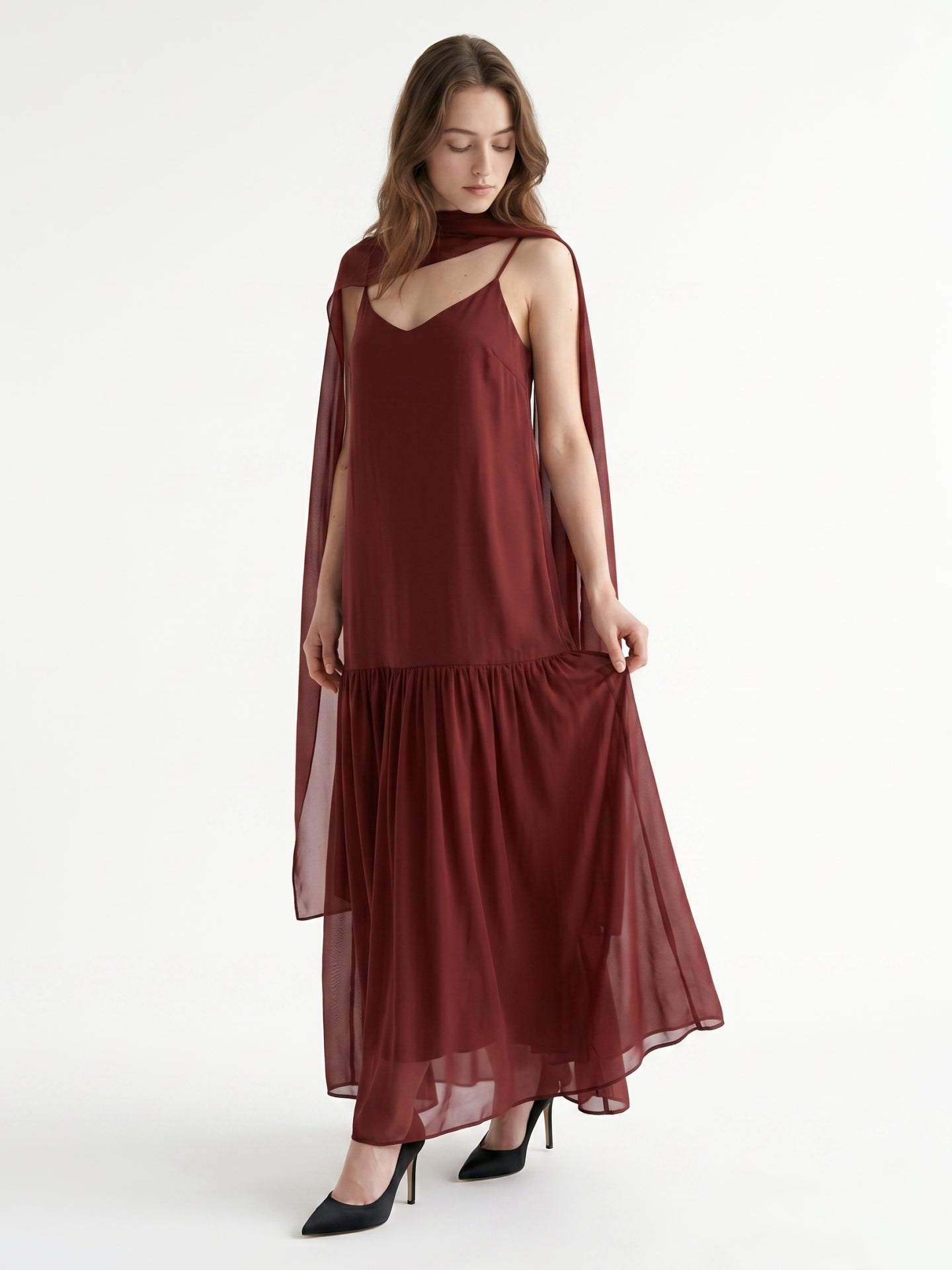 Wine Chiffon Sheath V-Neck Lace-up Ankle-Length Bridesmaid Dress with Cape - Curvevia