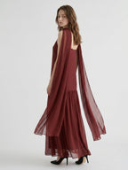 Wine Chiffon Sheath V-Neck Lace-up Ankle-Length Bridesmaid Dress with Cape - Curvevia