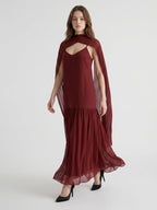 Wine Chiffon Sheath V-Neck Lace-up Ankle-Length Bridesmaid Dress with Cape - Curvevia