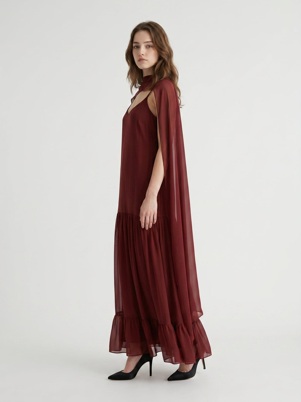 Wine Chiffon Sheath V-Neck Lace-up Ankle-Length Bridesmaid Dress with Cape - Curvevia