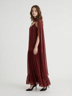 Wine Chiffon Sheath V-Neck Lace-up Ankle-Length Bridesmaid Dress with Cape - Curvevia