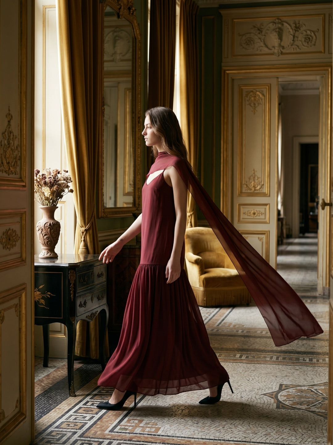 Wine Chiffon Sheath V-Neck Lace-up Ankle-Length Bridesmaid Dress with Cape - Curvevia