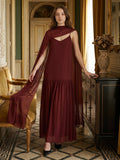 Wine Chiffon Sheath V-Neck Lace-up Ankle-Length Bridesmaid Dress with Cape - Curvevia