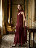 Wine Chiffon Sheath V-Neck Lace-up Ankle-Length Bridesmaid Dress with Cape - Curvevia