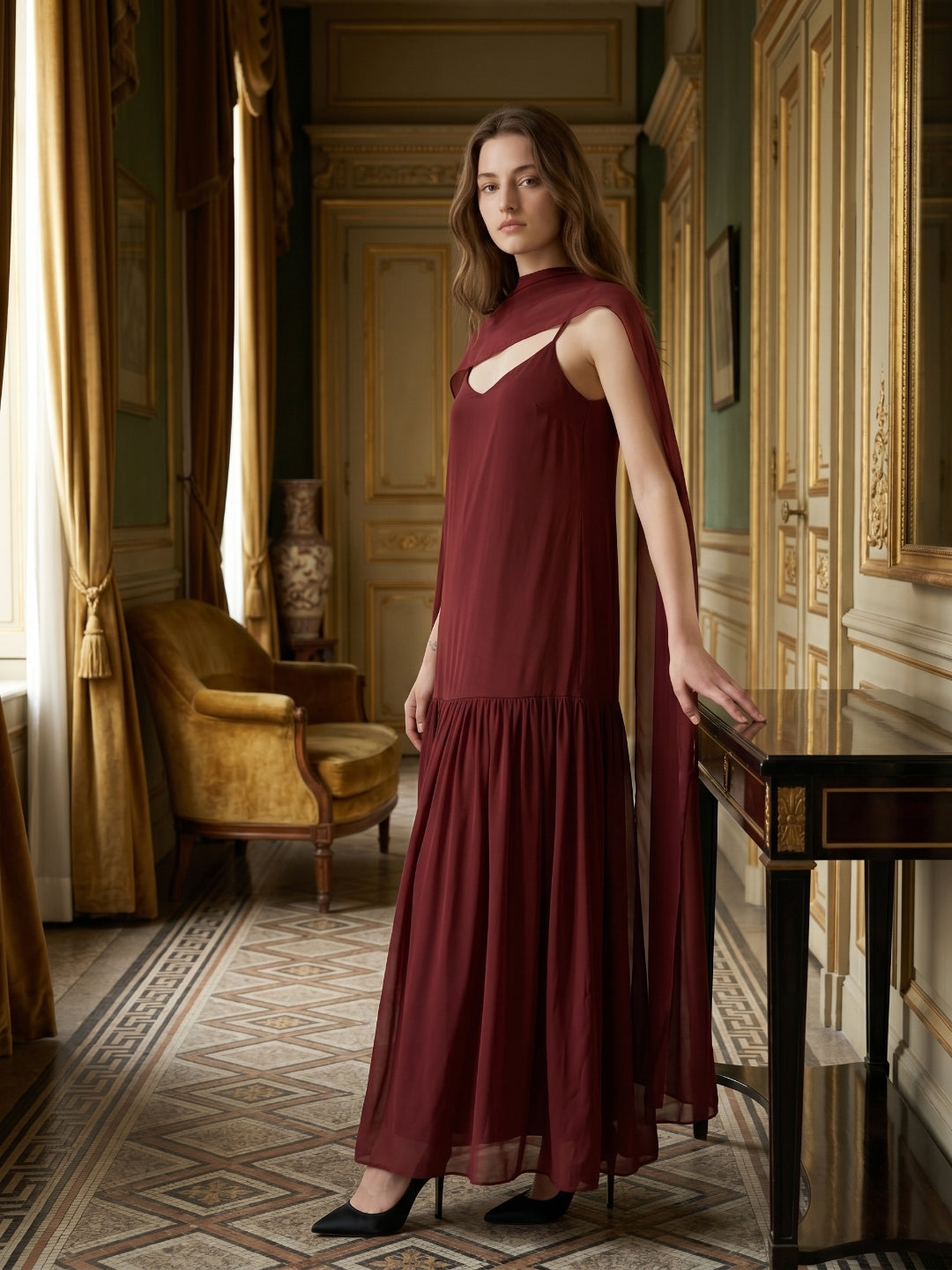 Wine Chiffon Sheath V-Neck Lace-up Ankle-Length Bridesmaid Dress with Cape - Curvevia