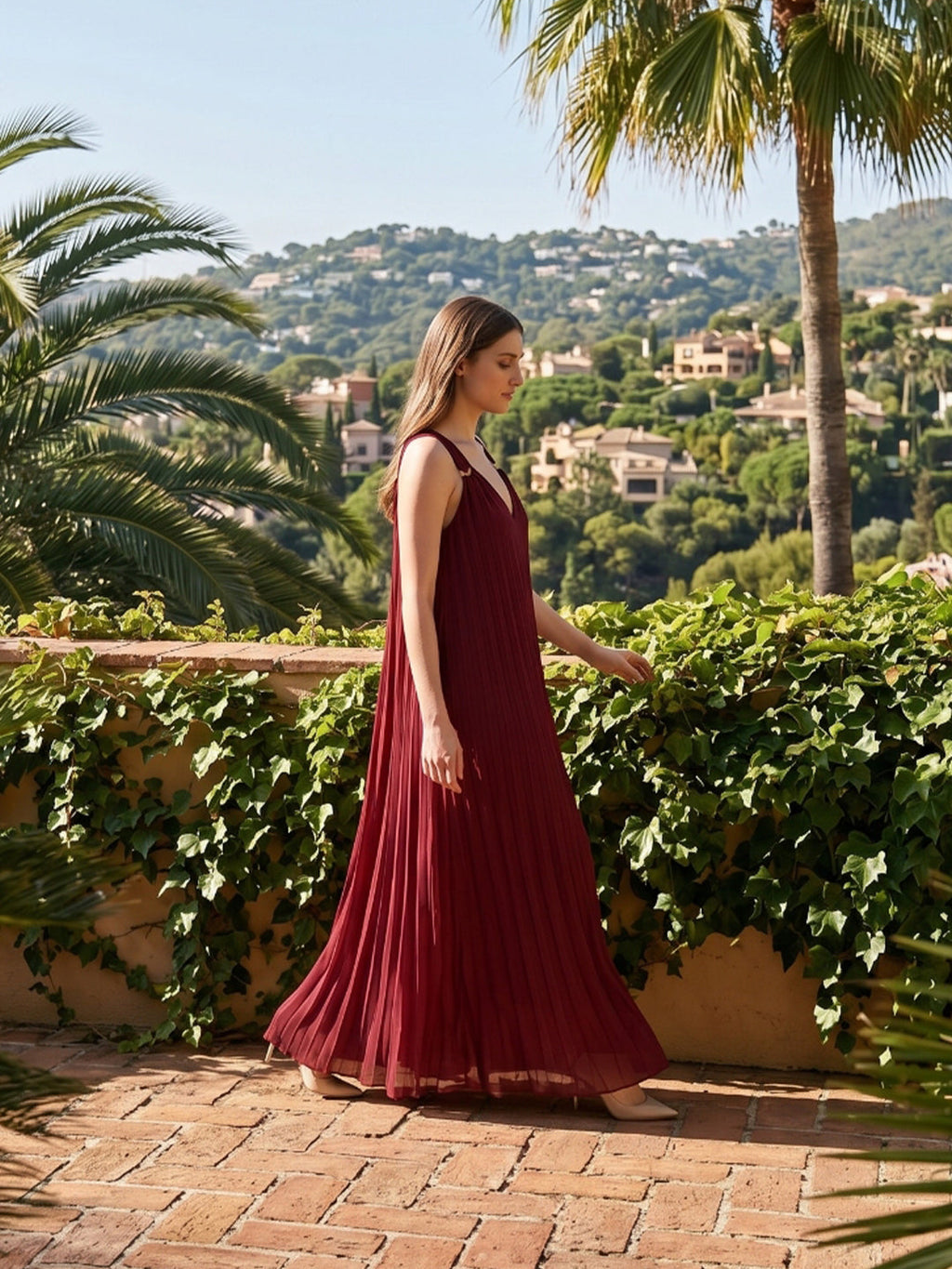 Wine Chiffon column Halter Lace-up Floor-Length Bridesmaid Dress - Curvevia