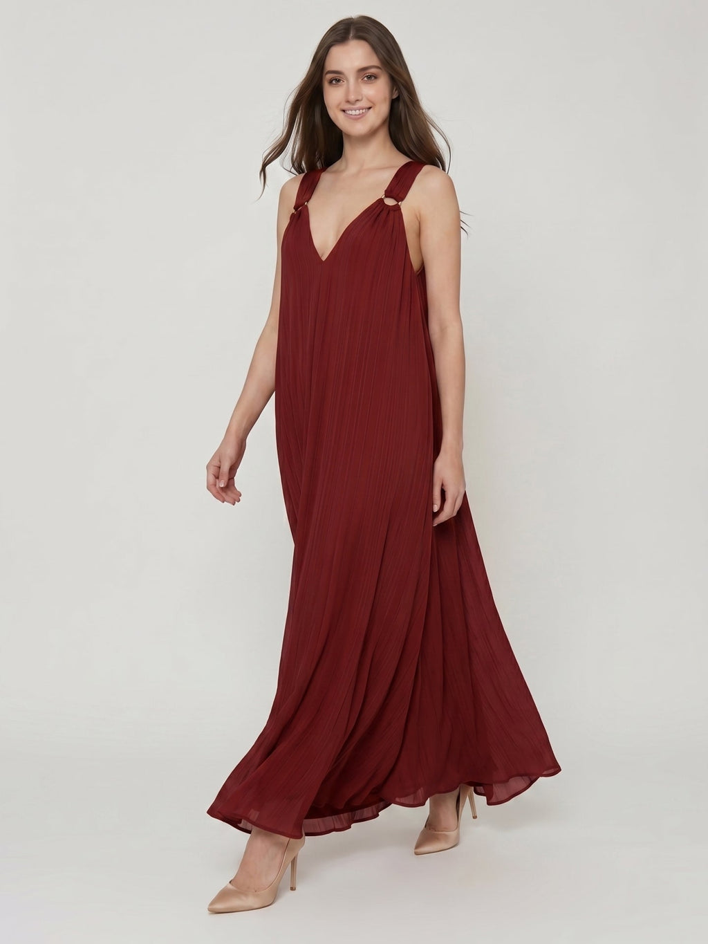 Wine Chiffon column Halter Lace-up Floor-Length Bridesmaid Dress - Curvevia