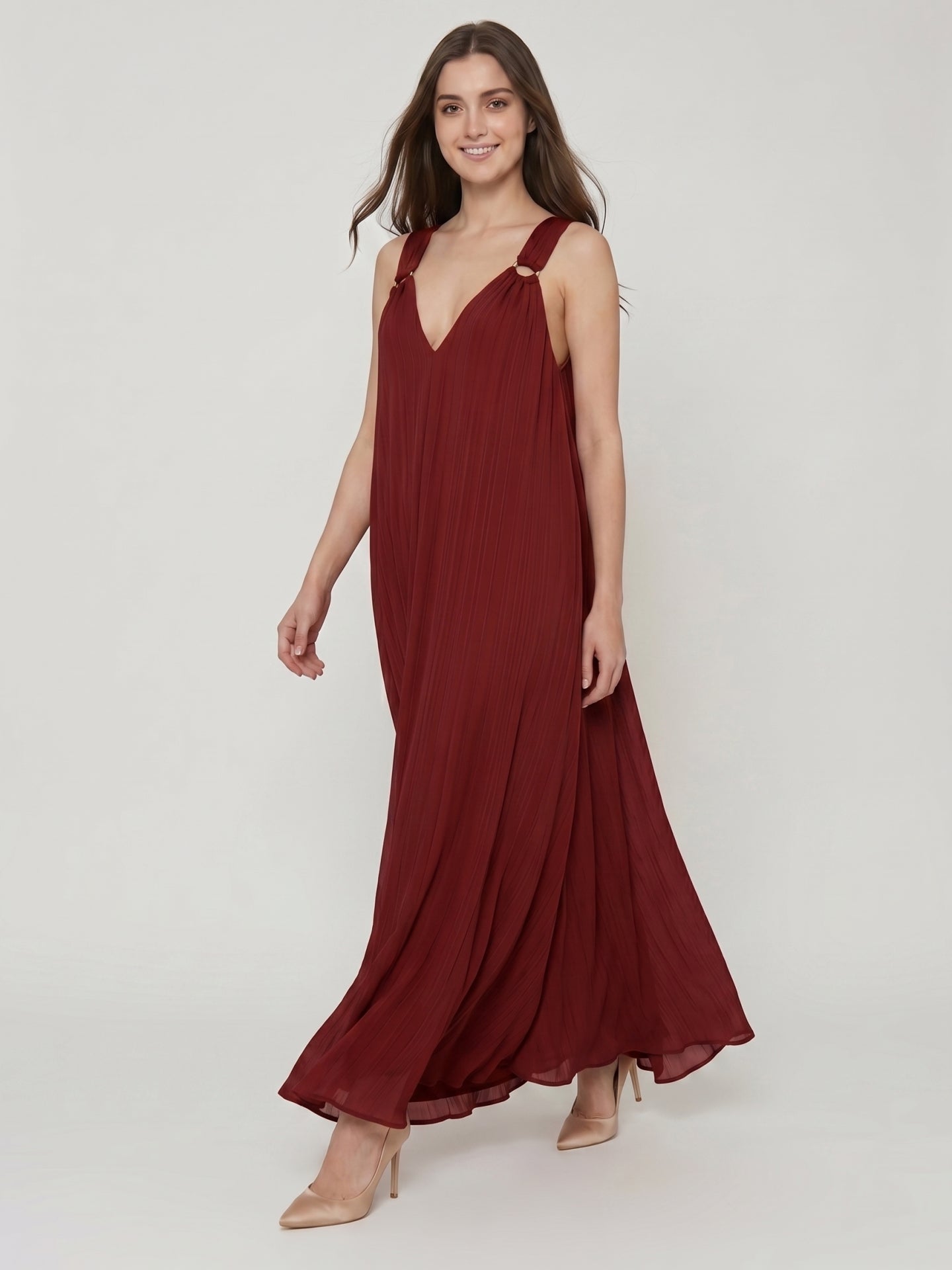 Wine Chiffon column Halter Lace-up Floor-Length Bridesmaid Dress - Curvevia