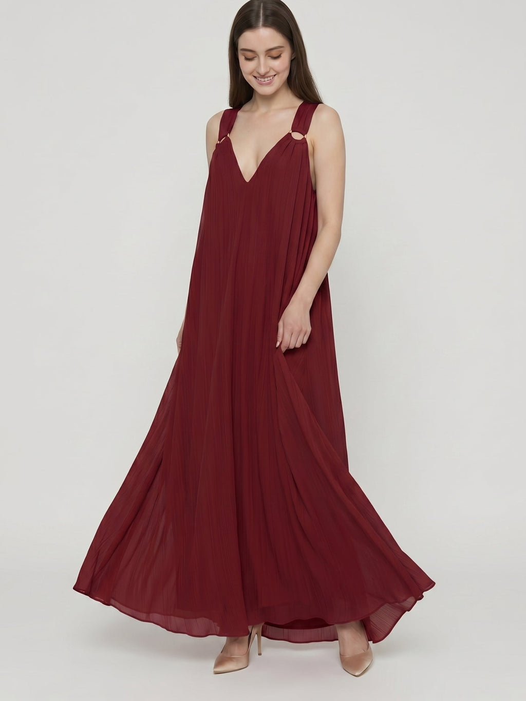 Wine Chiffon column Halter Lace-up Floor-Length Bridesmaid Dress - Curvevia