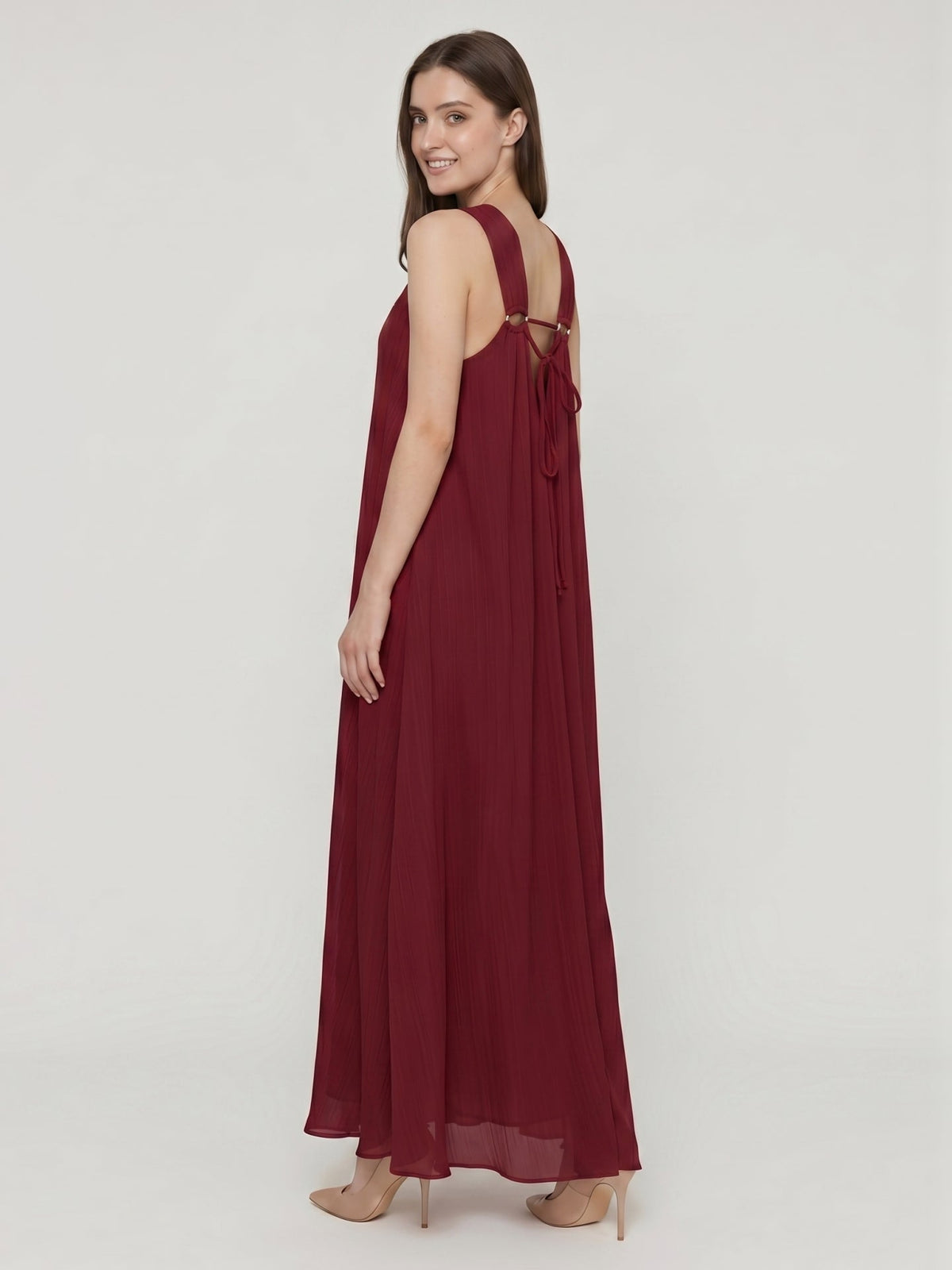 Wine Chiffon column Halter Lace-up Floor-Length Bridesmaid Dress - Curvevia